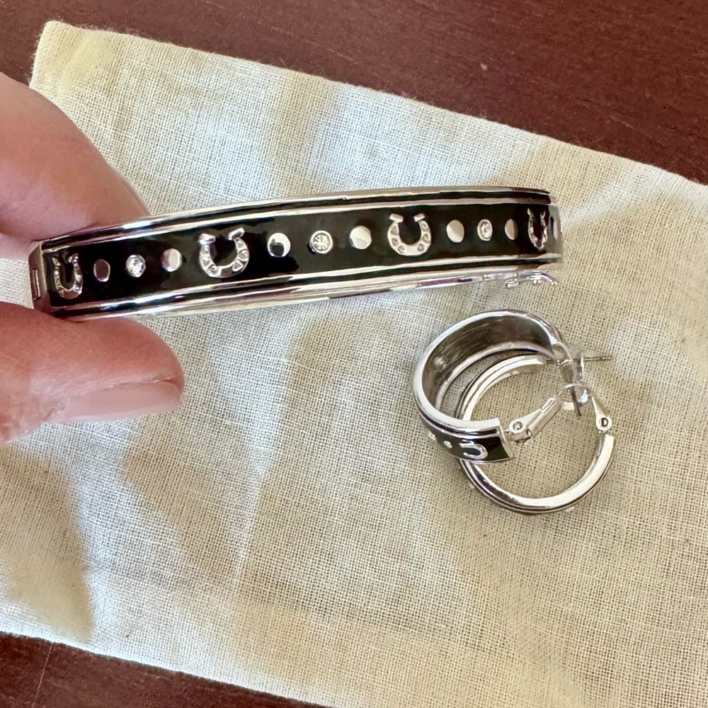 Silver Horseshoe Derby Black Enamel Bangle Bracelet & Earrings Set Western